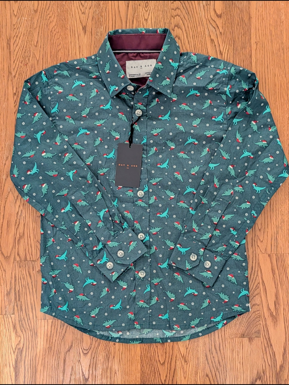 Day & Age Boys Green Christmas Dinosaur Long Sleeve Cotton Button Down Shirt